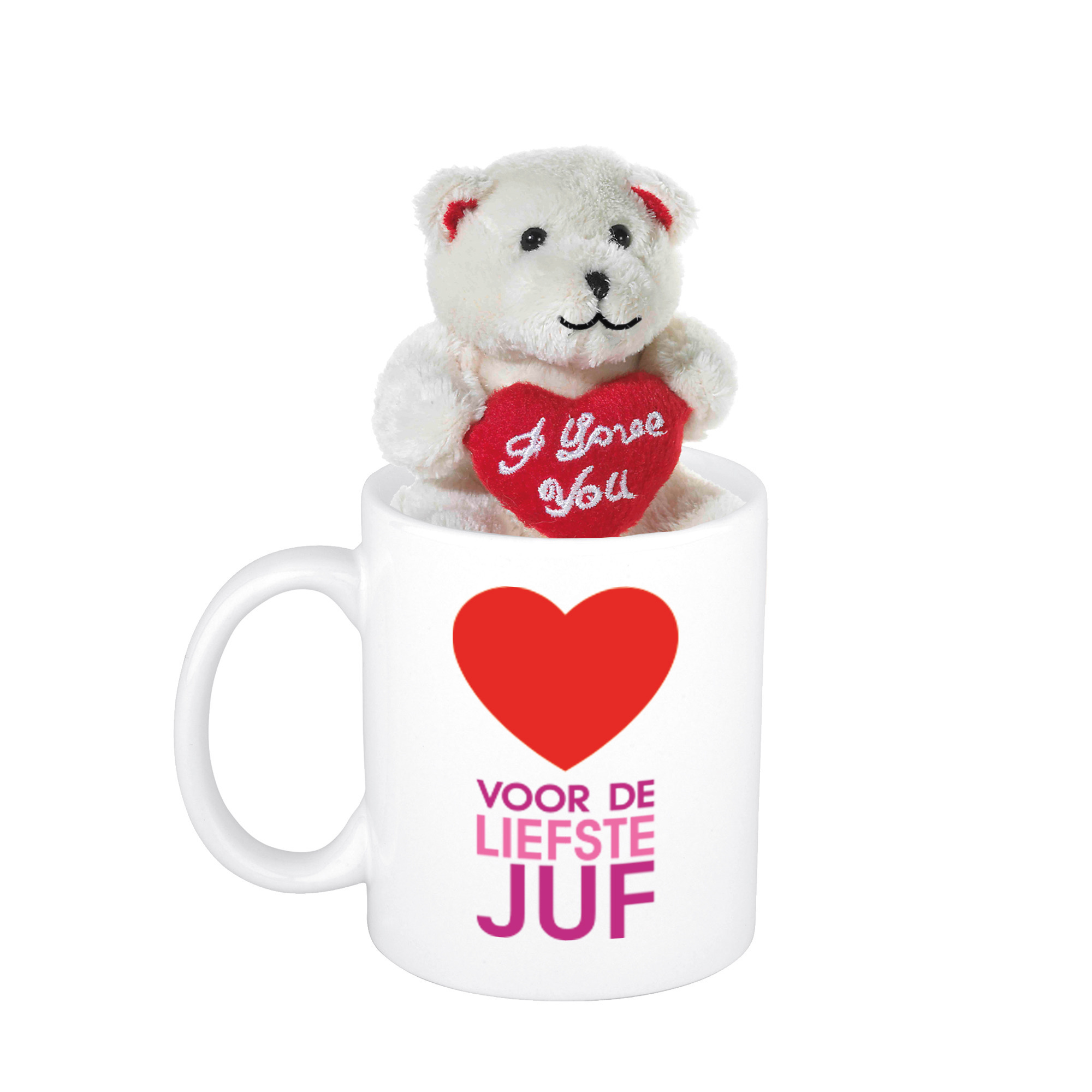 Juffendag cadeau Voor de liefste juf beker / mok 300 ml met beige knuffelbeertje -