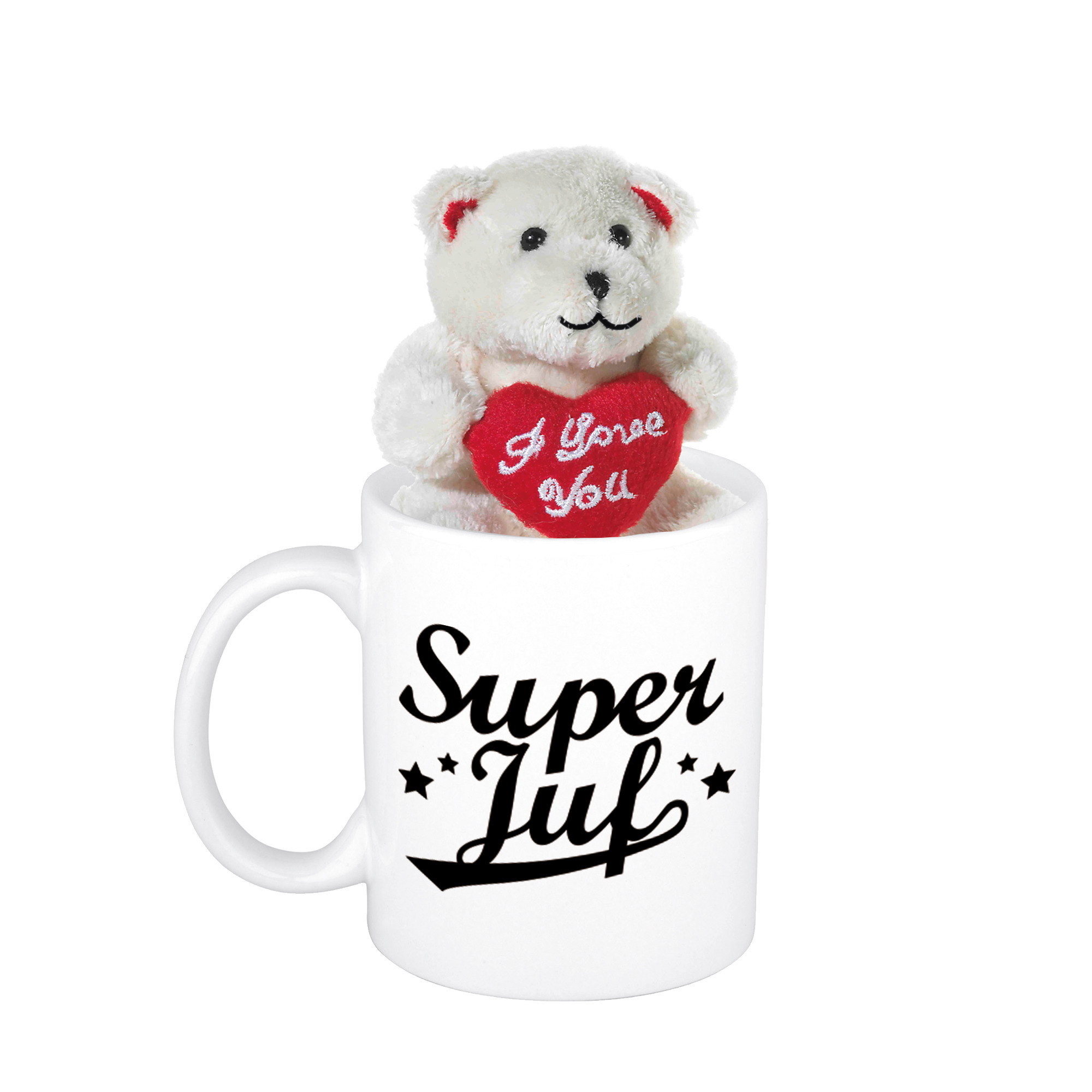 Juffendag cadeau Super juf beker / mok 300 ml met beige knuffelbeertje -