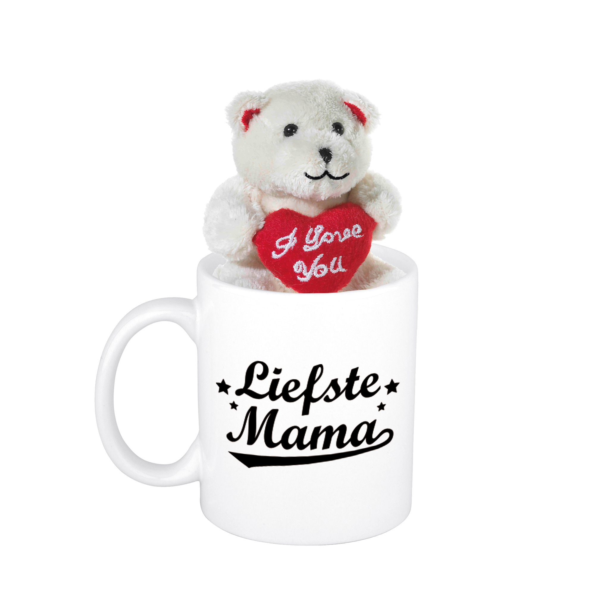 Moederdag cadeau Liefste mama beker / mok 300 ml met beige knuffelbeertje met love hartje -