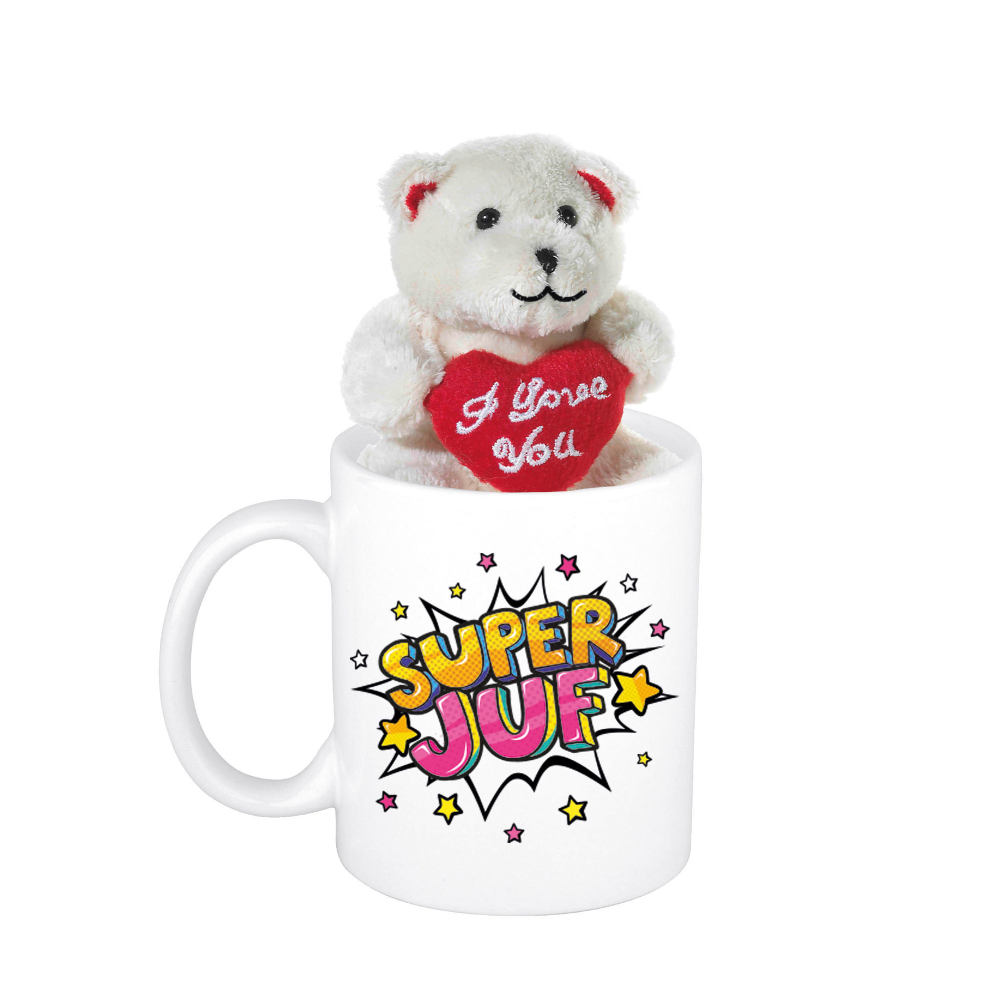 Juffendag cadeau Super juf pop art beker / mok 300 ml met beige knuffelbeertje met love hartje -