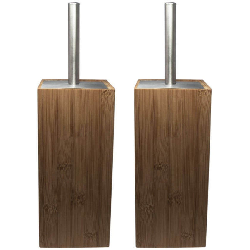 2x Toiletborstels met bruine houder van bamboe 34 cm -
