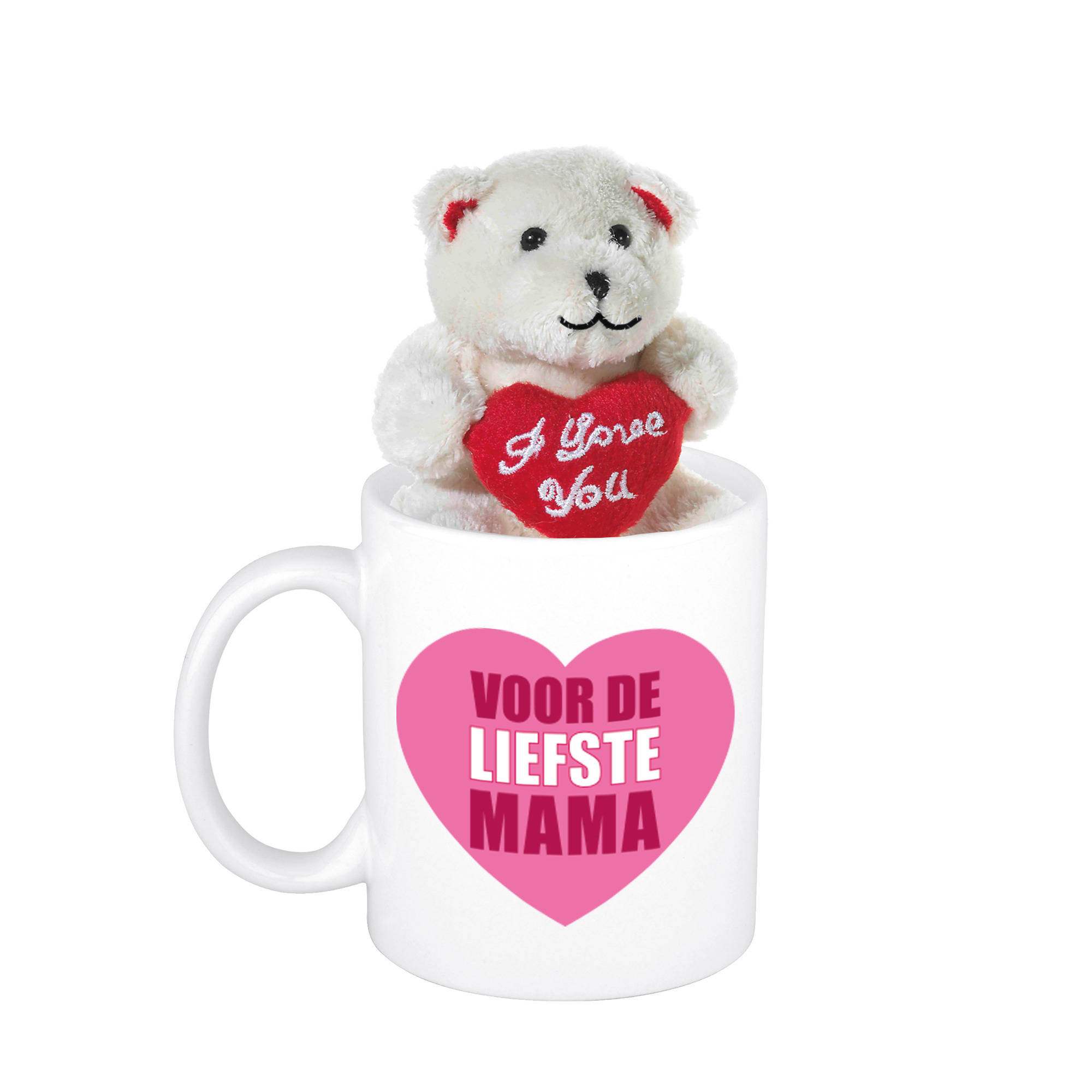 Moederdag cadeau hartje voor de liefste mama beker / mok 300 ml met beige knuffelbeertje met love ha -