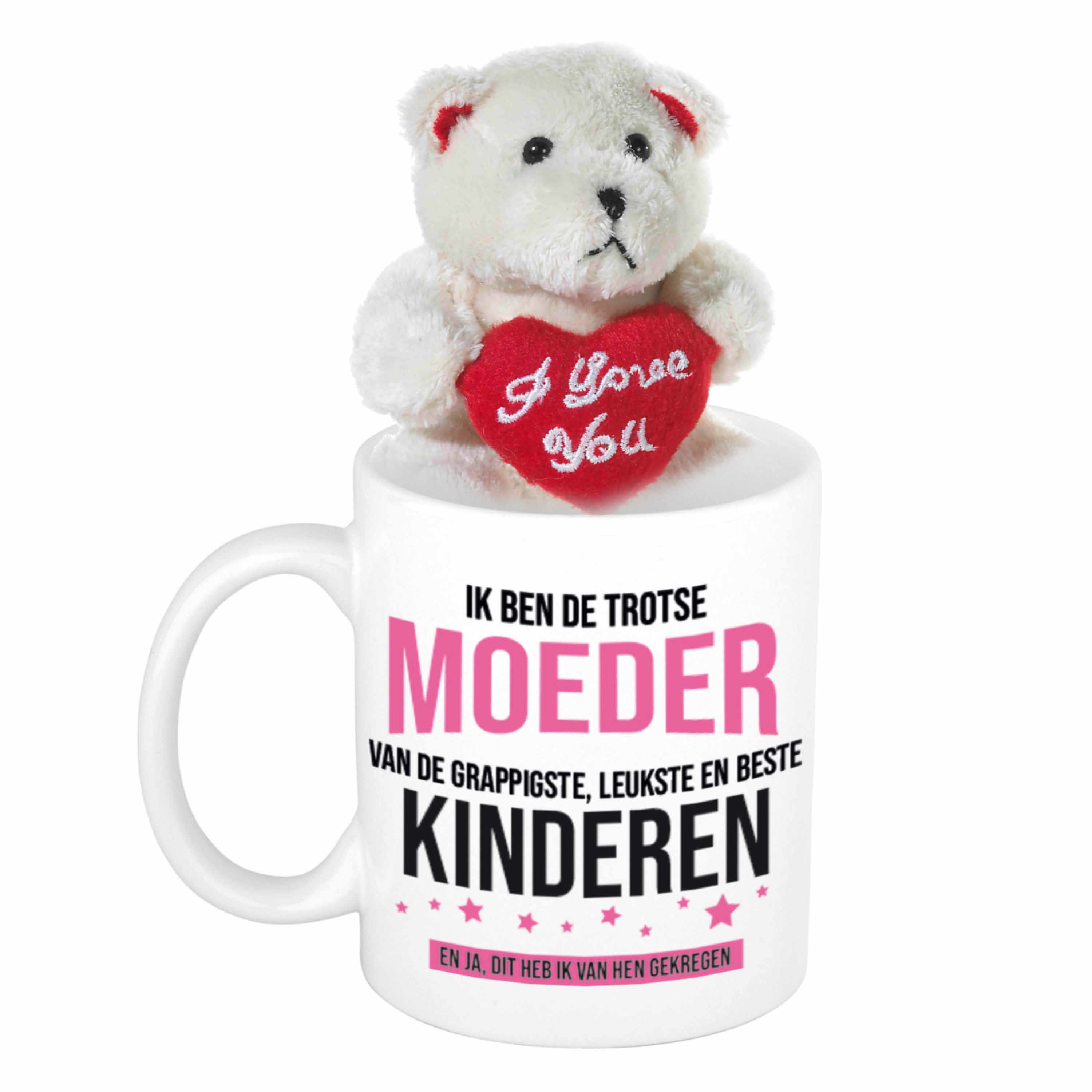 Moederdag cadeau Trotse moeder van beker / mok 300 ml met beige knuffelbeertje met love hartje -