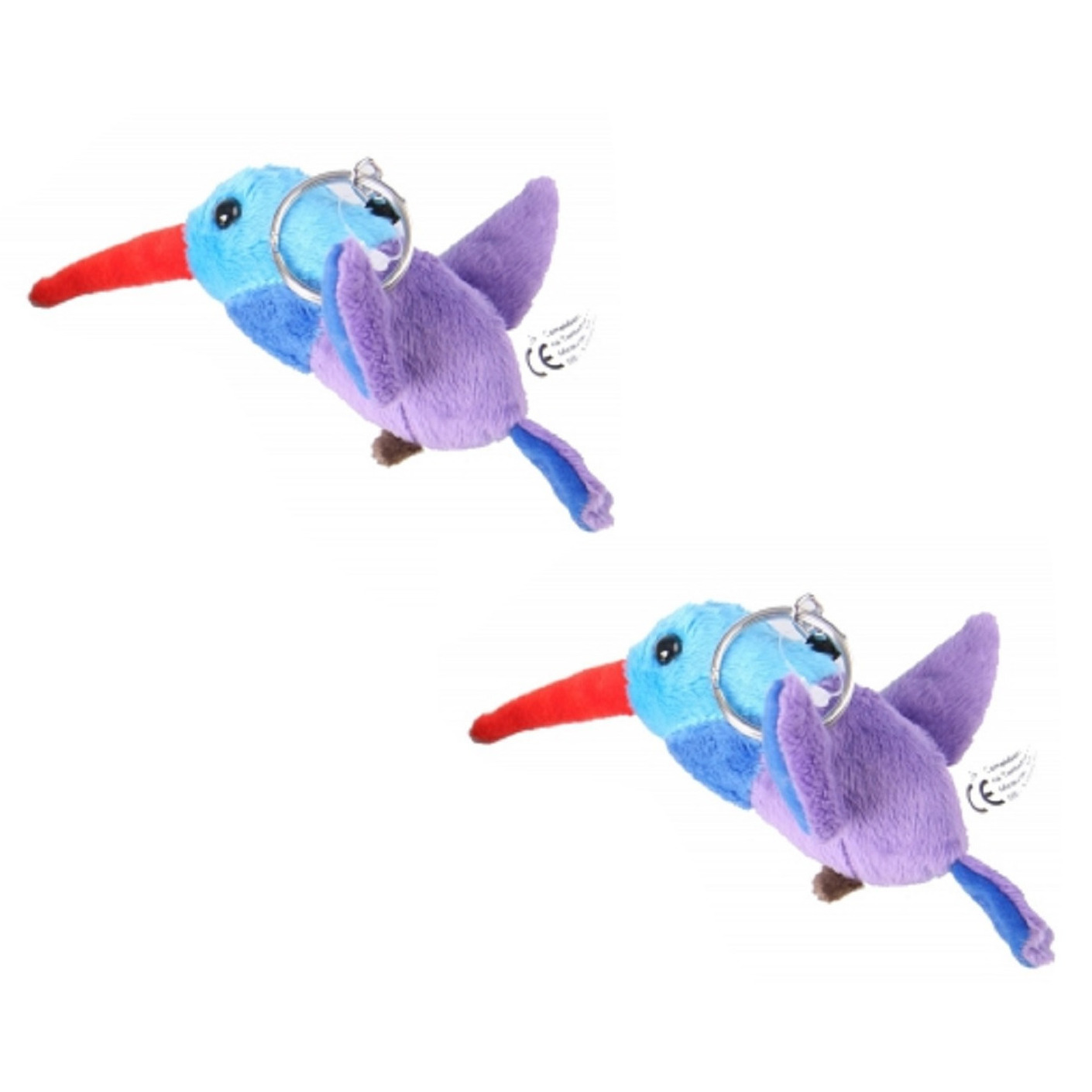 Set van 2x stuks pluche kolibrie vogel sleutelhanger 12 cm blauw -
