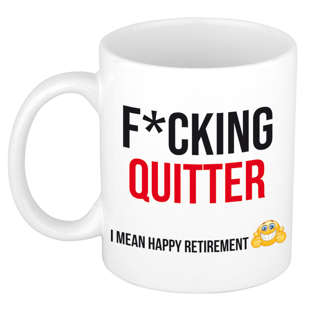 Fcking quitter kado mok / beker wit en zwart - collega afscheidscadeau VUT / pensioen -