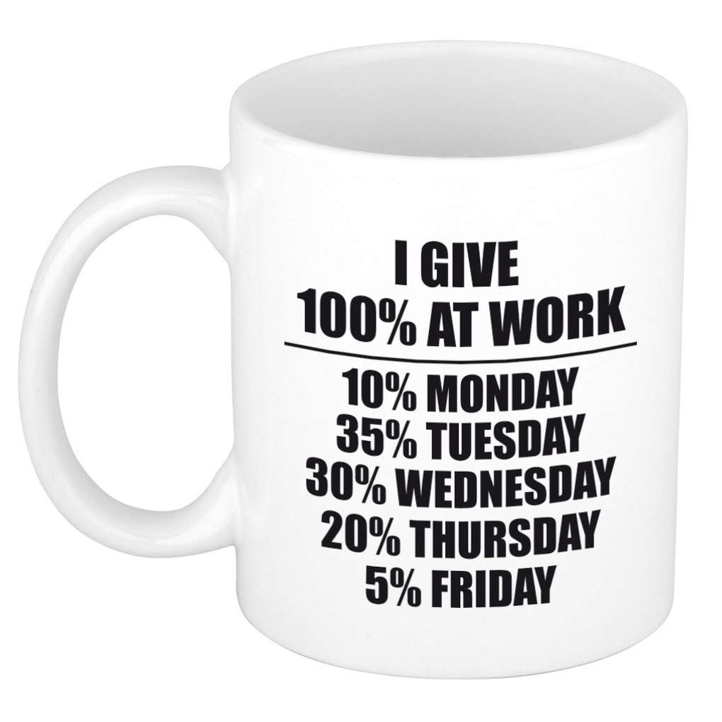 I give 100 percent at work kado mok / beker wit en zwart - afscheidscadeau collega -