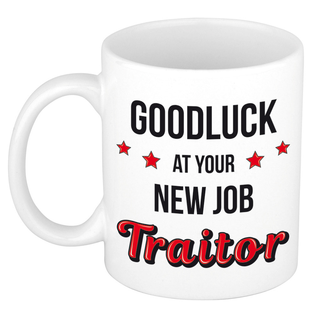 Goodluck traitor nieuwe baan kado mok / beker wit en zwart - afscheidscadeau collega -