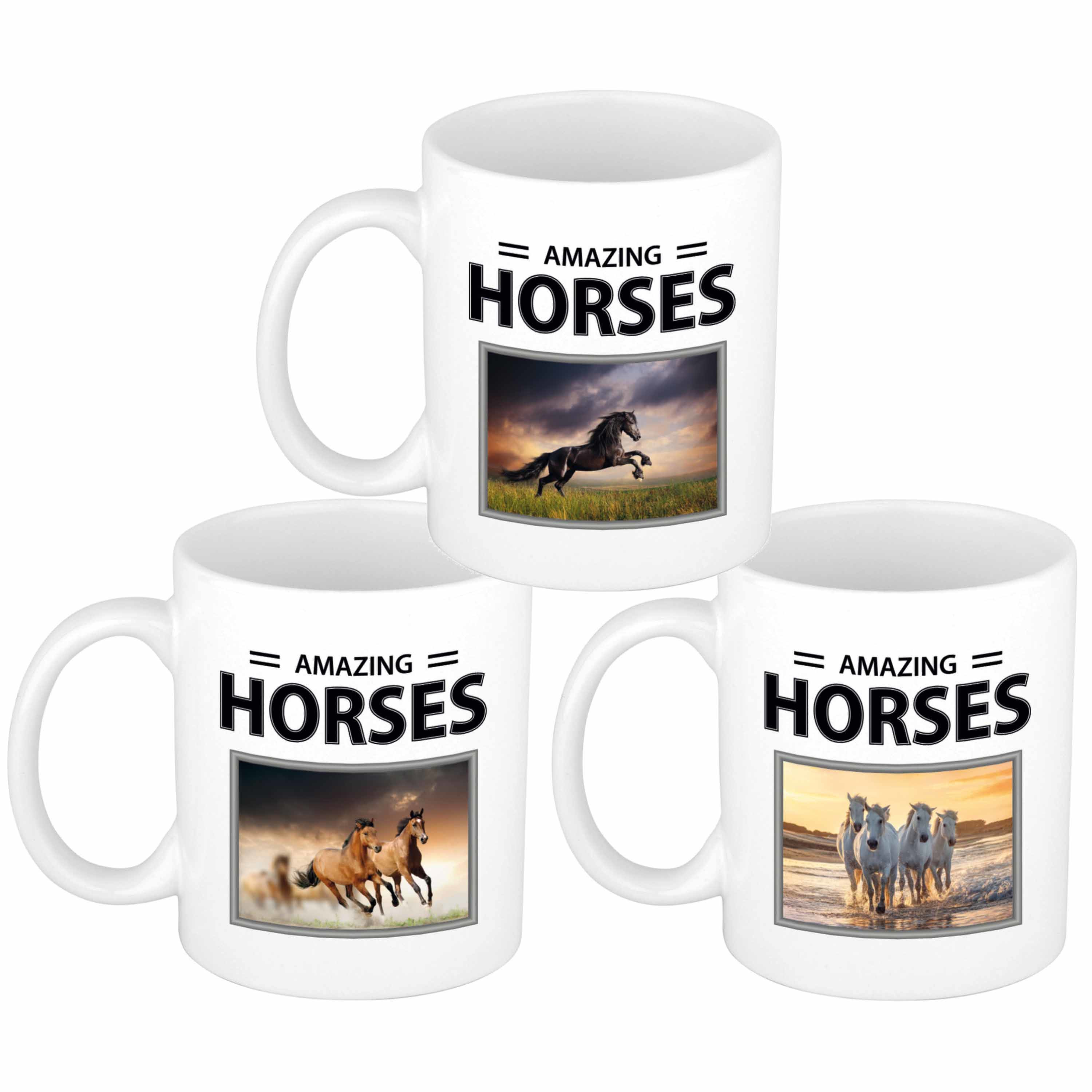 Set van 3x stuks paarden thema drink mokken met dieren foto print van amazing horses -