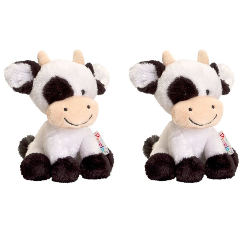 Knuffel Koe - 2x - zwart / wit - pluche - knuffeldier - 14 cm -