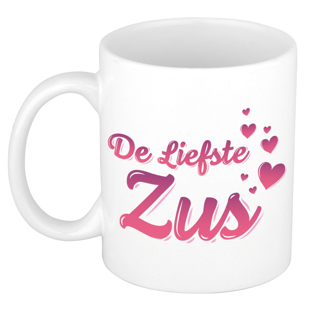 De liefste zus kado mok / beker wit met roze hartjes - verjaardagscadeau -