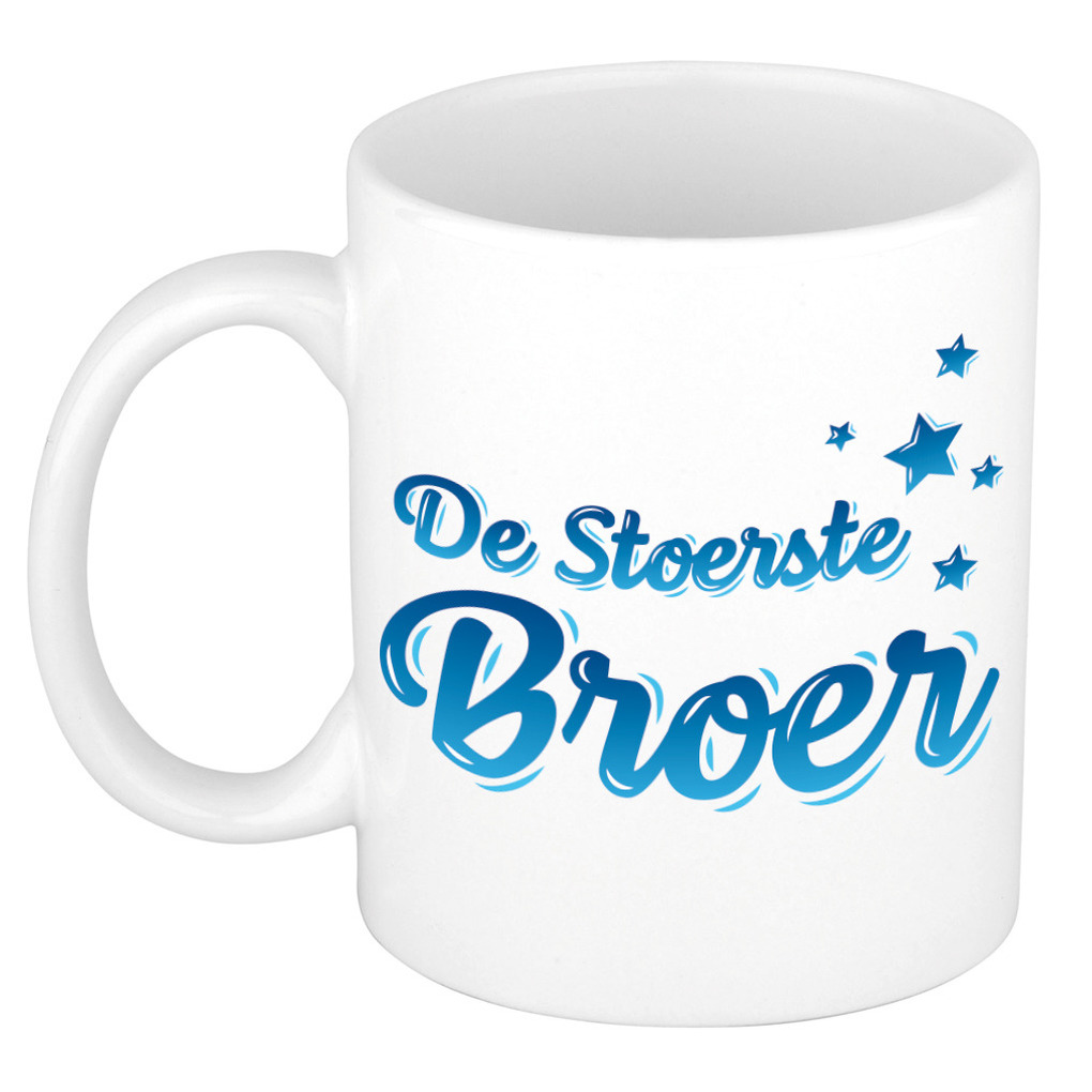 De stoerste broer kado mok / beker wit met blauwe sterretjes - verjaardagscadeau -