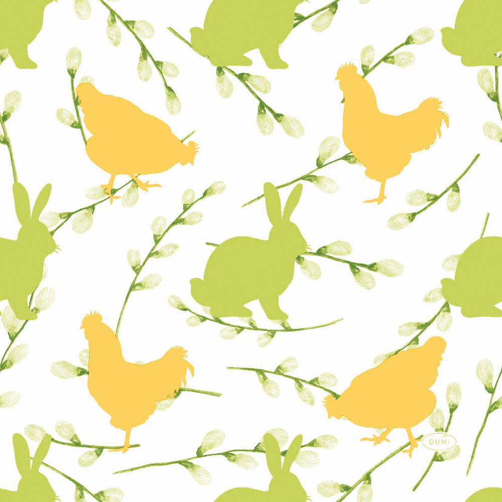 20x stuks Pasen servetten konijnen en hanen geel / groen 33 x 33 cm -