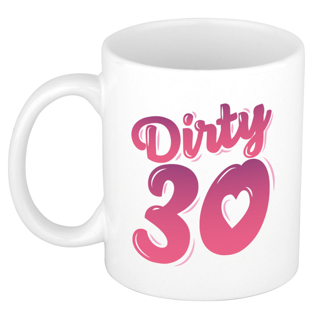 Dirty 30 jaar kado mok / beker wit en roze - verjaardagscadeau -