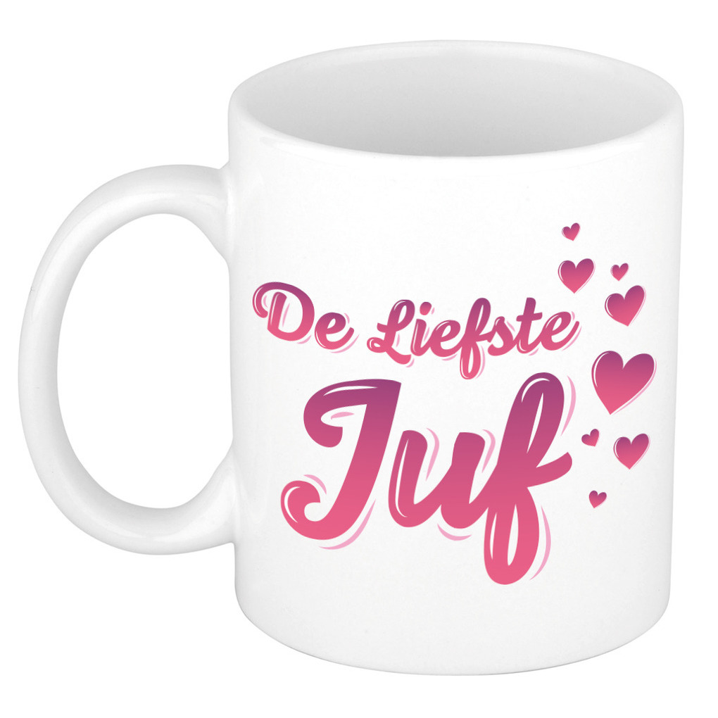 De liefste juf kado mok / beker wit met roze hartjes - verjaardagscadeau -