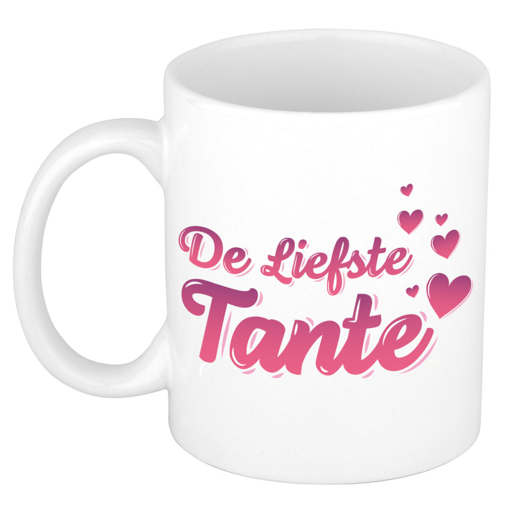De liefste tante kado mok / beker wit met roze hartjes - verjaardagscadeau -