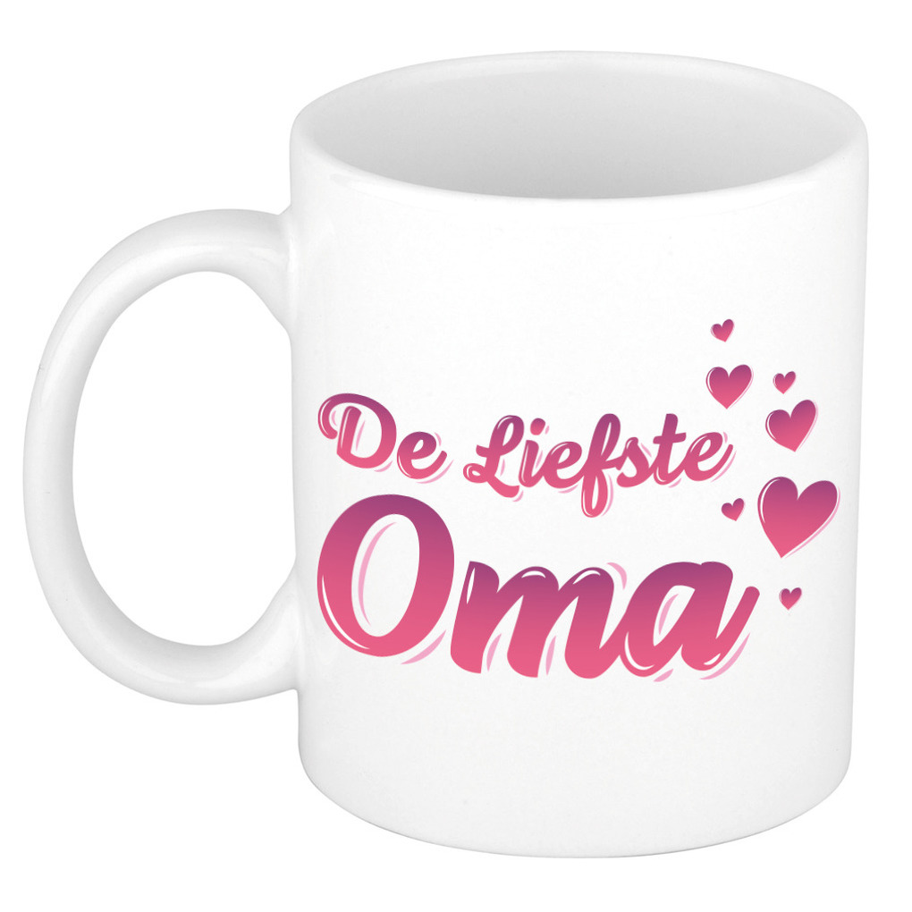 De liefste oma kado mok / beker wit met roze hartjes - verjaardagscadeau -