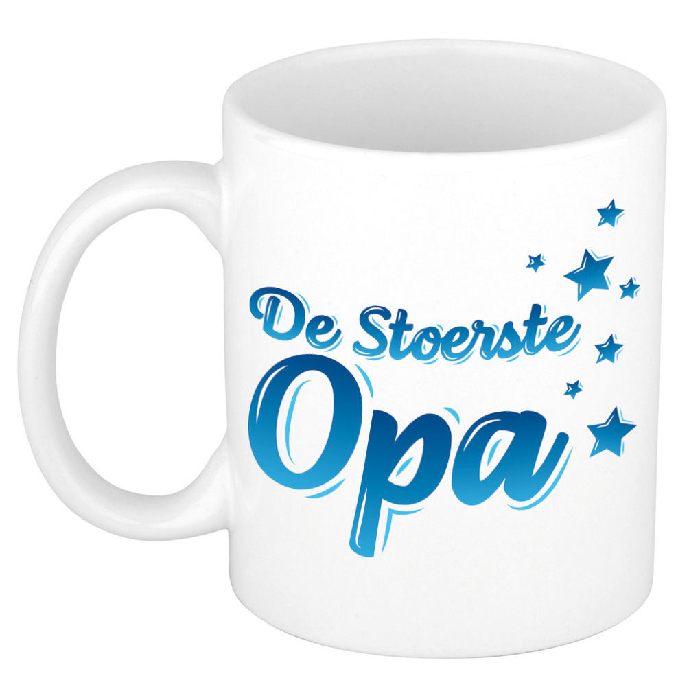De stoerste opa kado mok / beker wit met blauwe sterretjes - verjaardagscadeau -