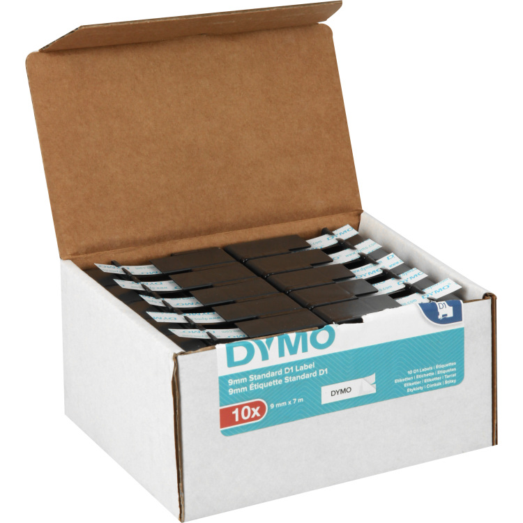 Dymo D1 tapecassette zwart op wit, 9mm x 7m printlint 10 stuks