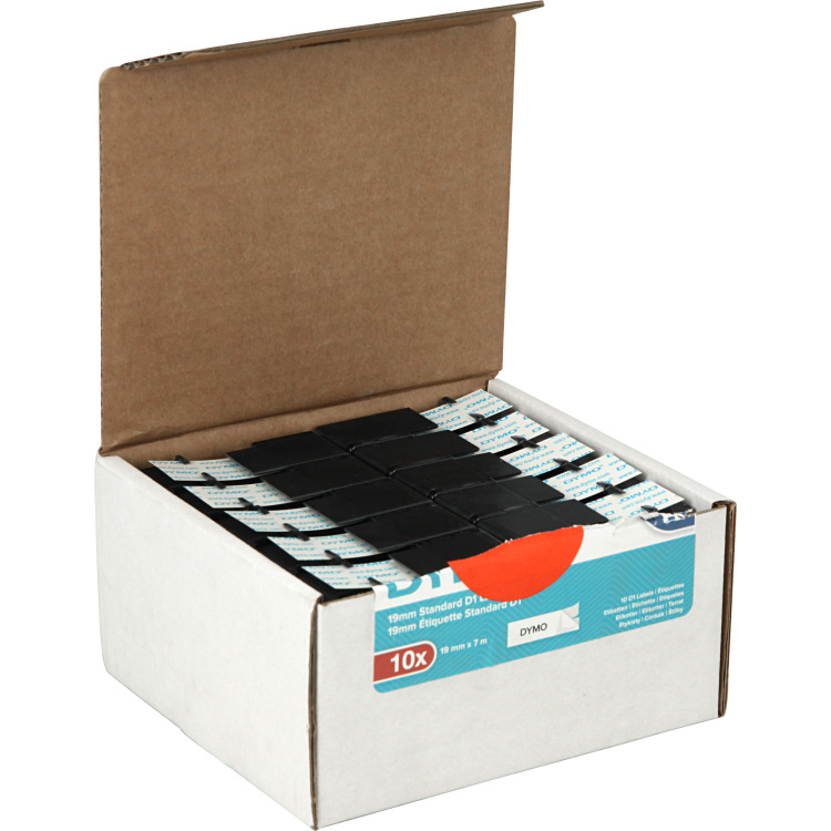 Dymo D1 tapecassette zwart op wit, 19mm x 7m printlint 10 stuks