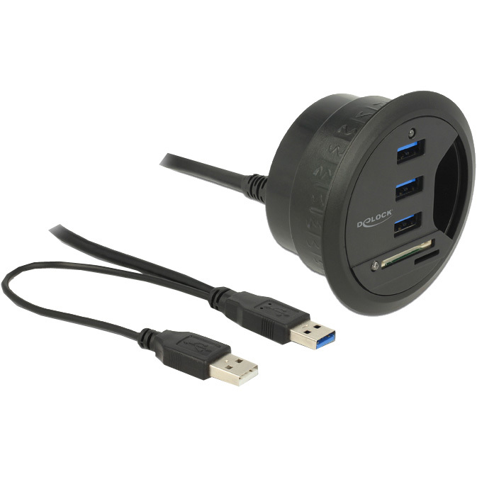 DeLOCK In-Desk Hub 3 Port USB 3.0 + 2 Slot SD Card Reader kaartlezer