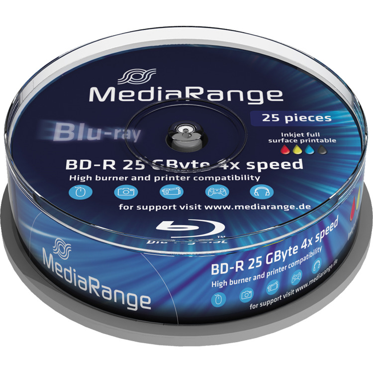 MediaRange BD-R 25 GB blu-ray media 4x, 25 stuks, bedrukbaar