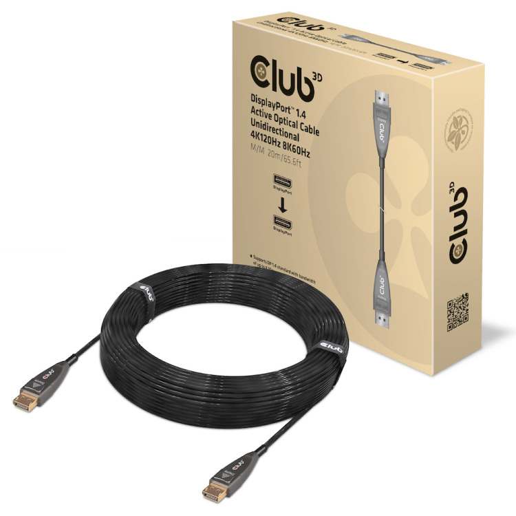 Club 3D DisplayPort 1.4 Active Optical Unidirectional kabel 20 meter, 4K 120Hz, 8K 60Hz