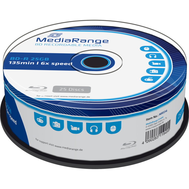MediaRange BD-R 25 GB blu-ray media 6x, 25 stuks