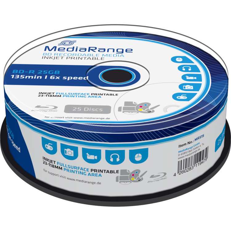 MediaRange BD-R 25 GB blu-ray media 6x, 25 stuks, bedrukbaar