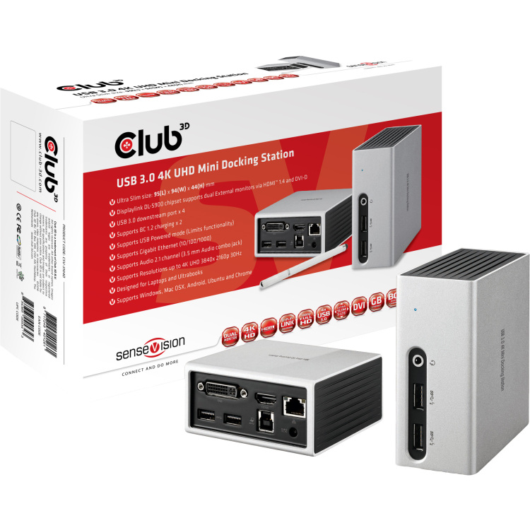 Club 3D USB 3.2 Gen 1 4K UHD Mini Docking Station dockingstation CSV-3104D