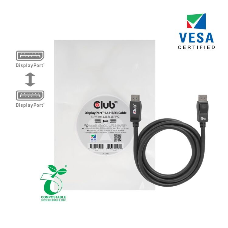 Club 3D DisplayPort 1.4 - DisplayPort 1.4 male-male kabel 1 meter, CAC-2067