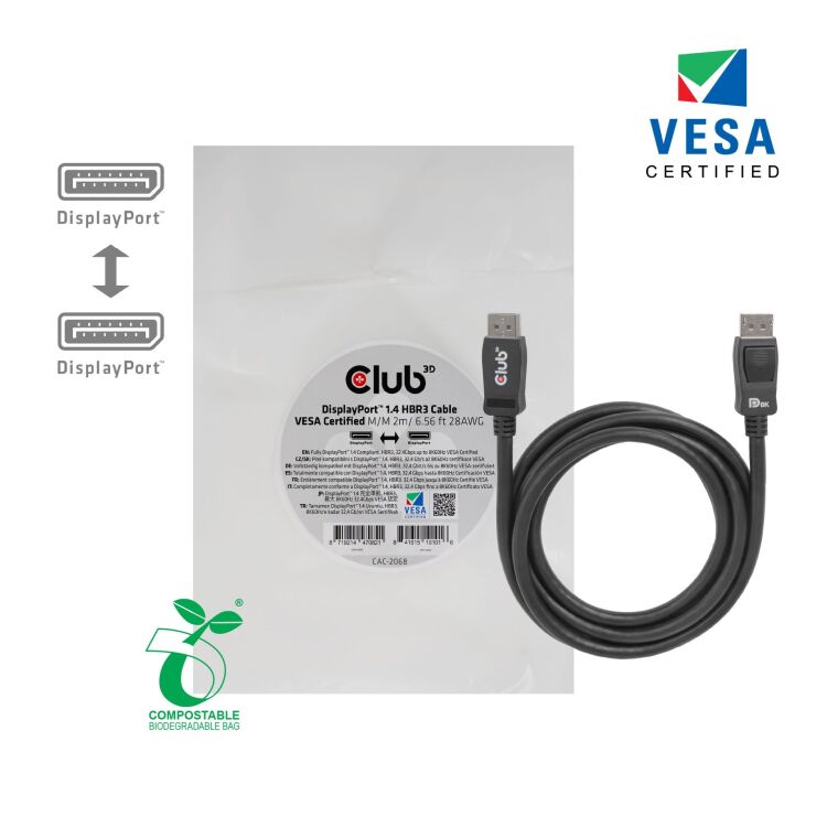 Club 3D DisplayPort 1.4 - DisplayPort 1.4 male-male kabel 2 meter, CAC-2068
