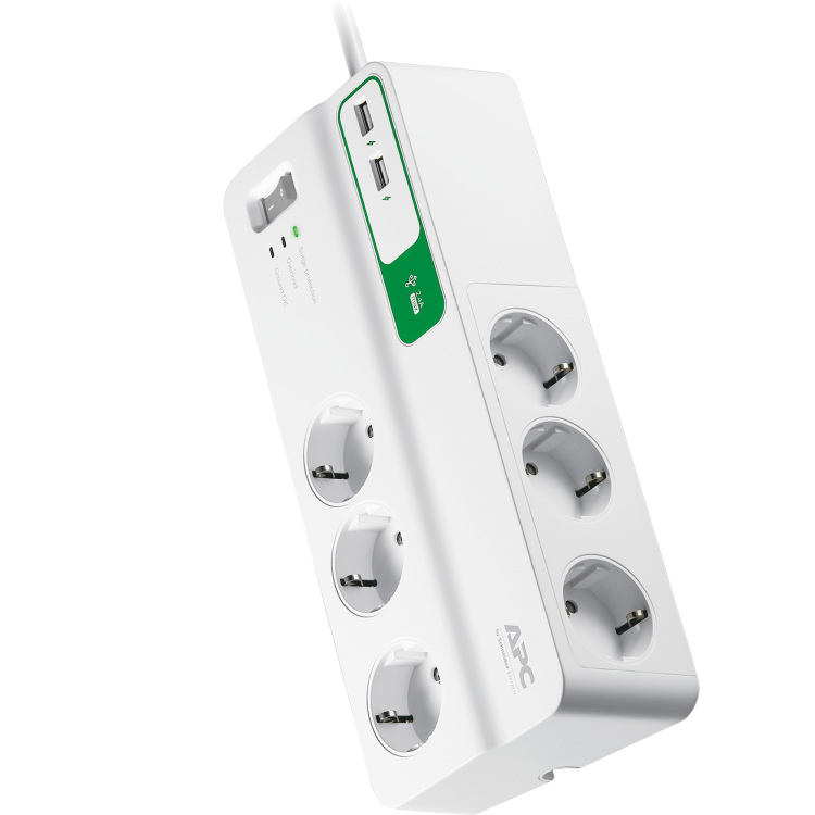 APC Stekkerdoos met overspanningsbeveiliging 6x (+USB) stekkerdoos voor 6 stekkers, 2x USB, PM6U-GR