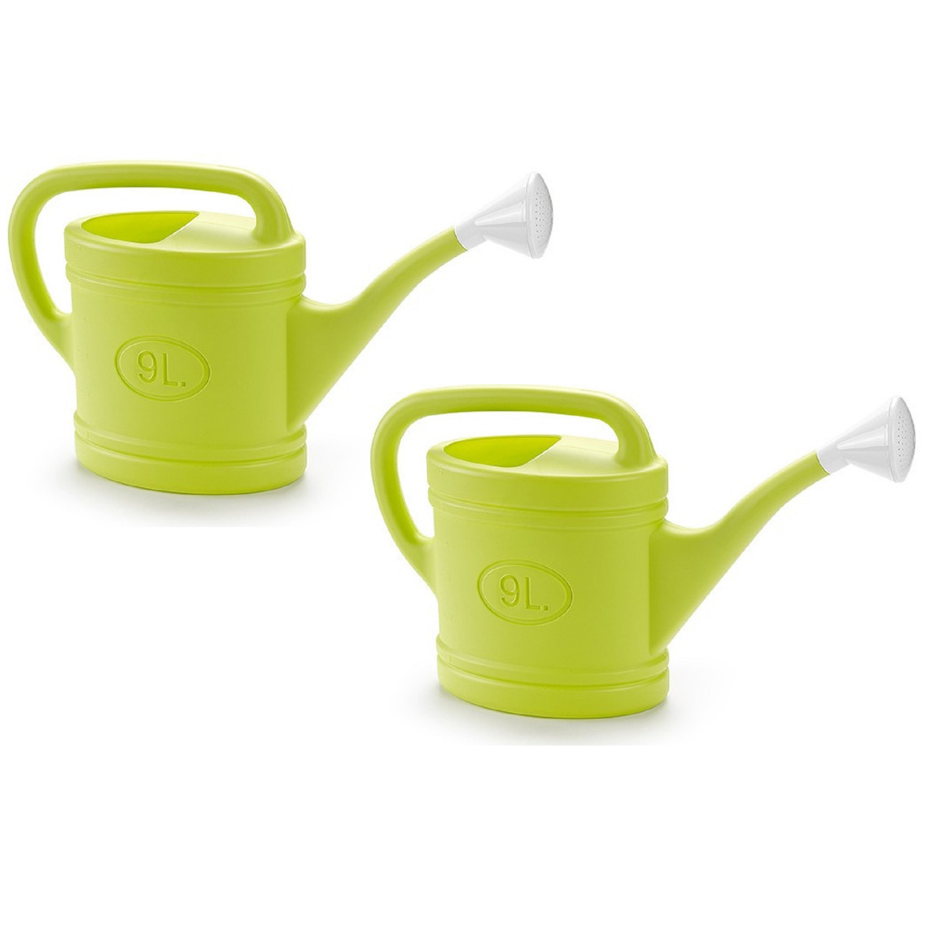 2x stuks lichtgroene tuin planten gieter met broeskop 9 liter -
