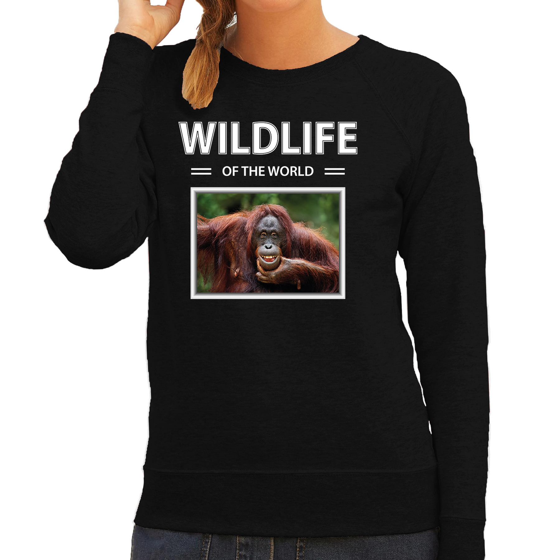 Aap sweater / trui met dieren foto wildlife of the world zwart voor dames L -