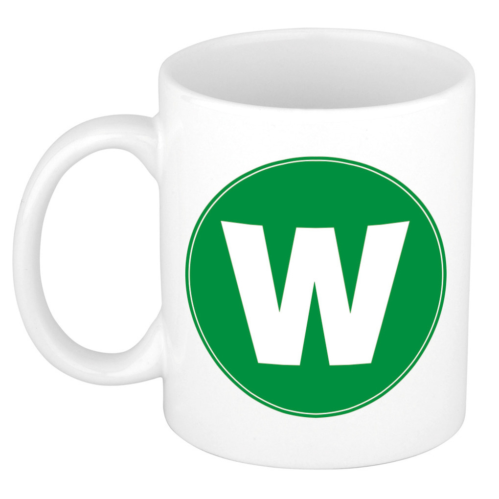 Mok / beker met de letter W groene bedrukking voor het maken van een naam / woord of team -
