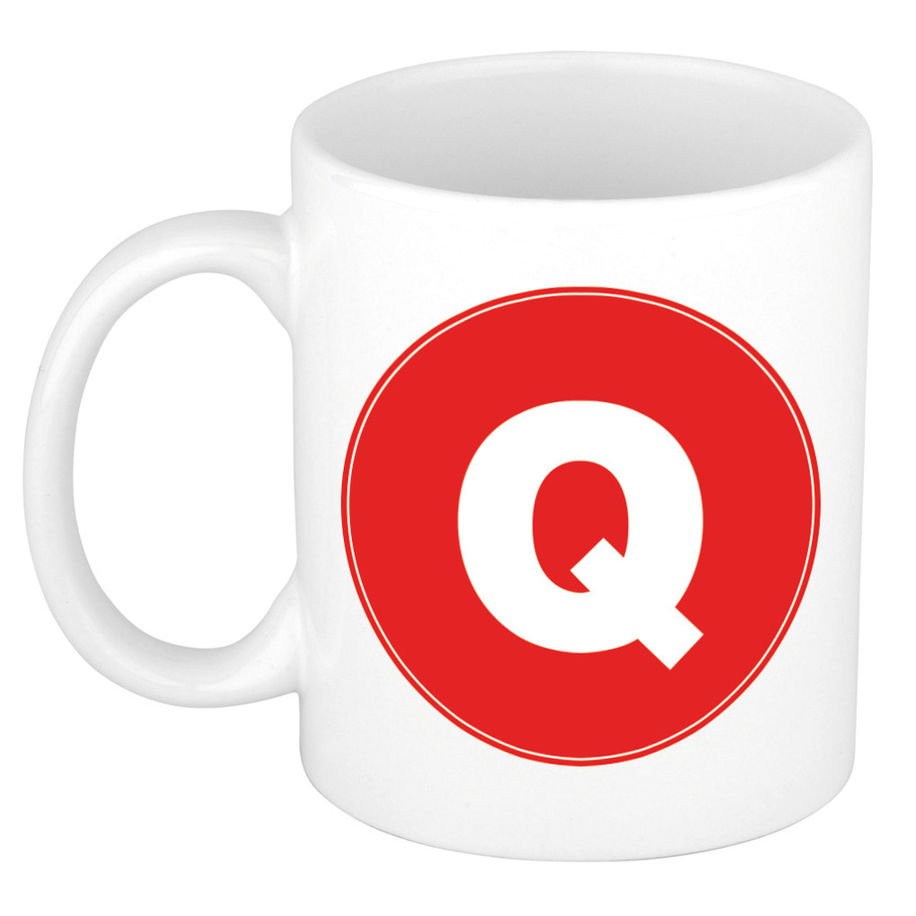 Mok / beker met de letter Q rode bedrukking voor het maken van een naam / woord of team -