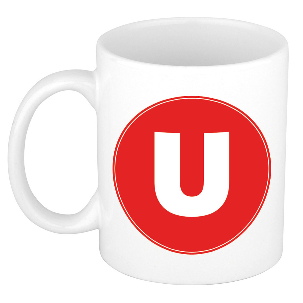 Mok / beker met de letter U rode bedrukking voor het maken van een naam / woord of team -