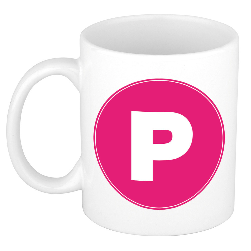 Mok / beker met de letter P roze bedrukking voor het maken van een naam / woord of team -