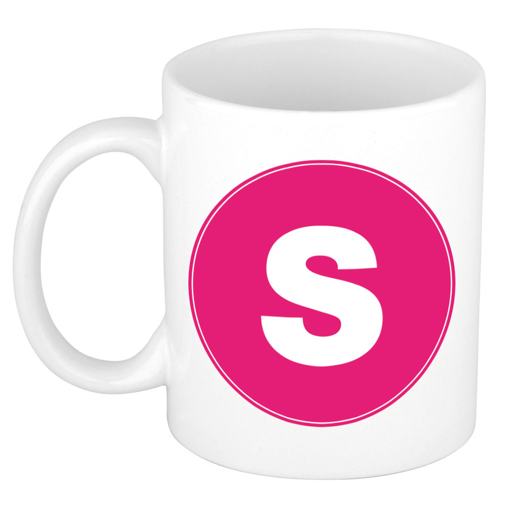 Mok / beker met de letter S roze bedrukking voor het maken van een naam / woord of team -