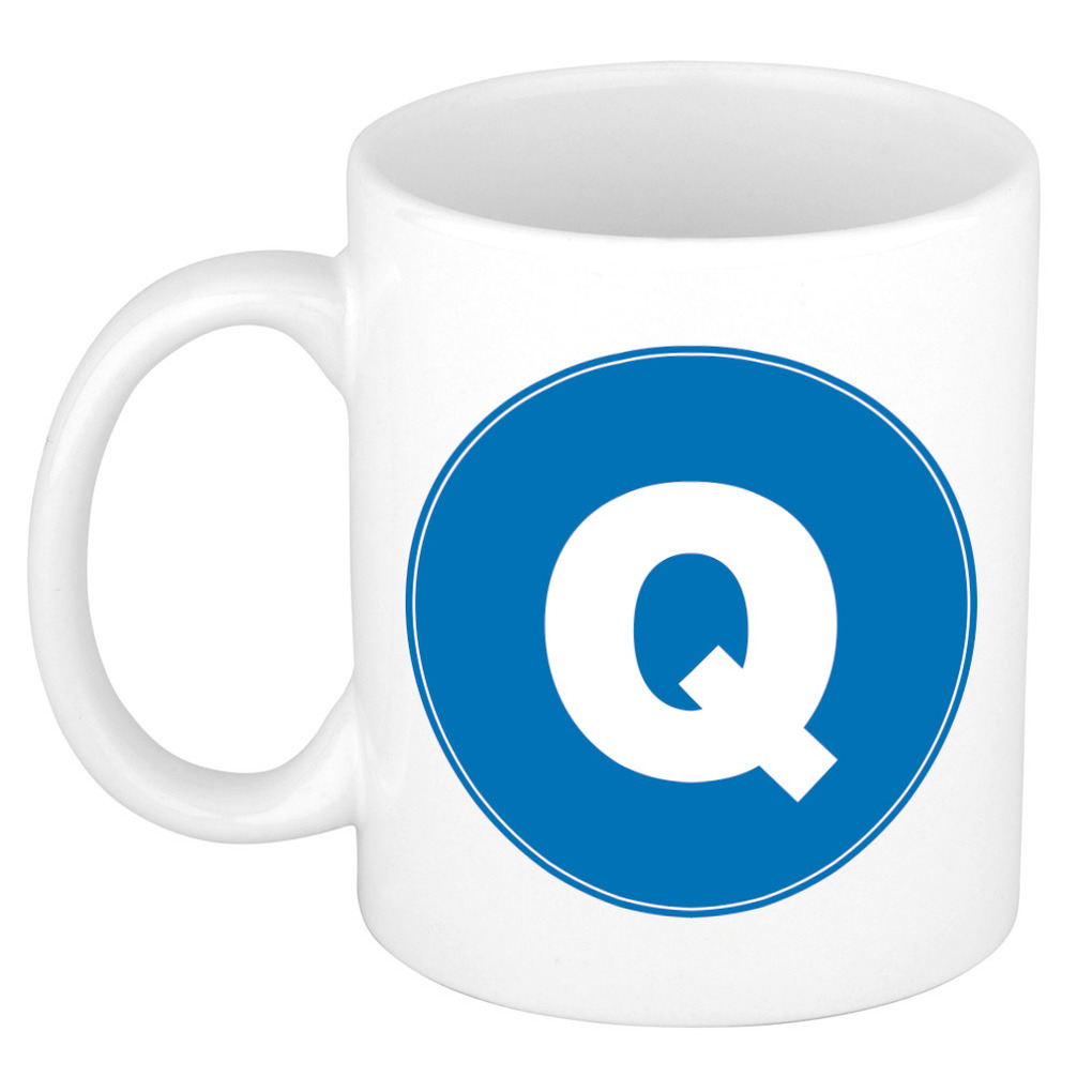 Mok / beker met de letter Q blauwe bedrukking voor het maken van een naam / woord of team -