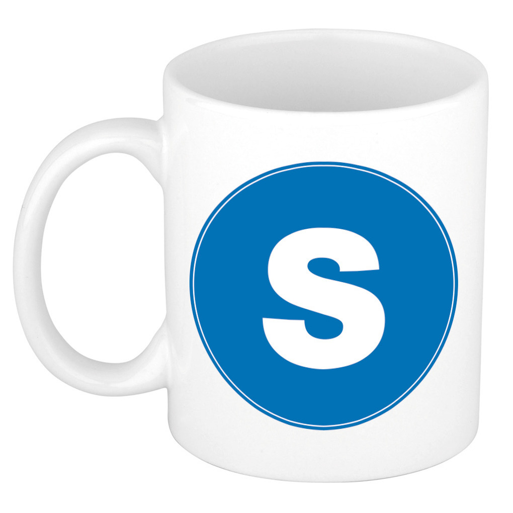 Mok / beker met de letter S blauwe bedrukking voor het maken van een naam / woord of team -