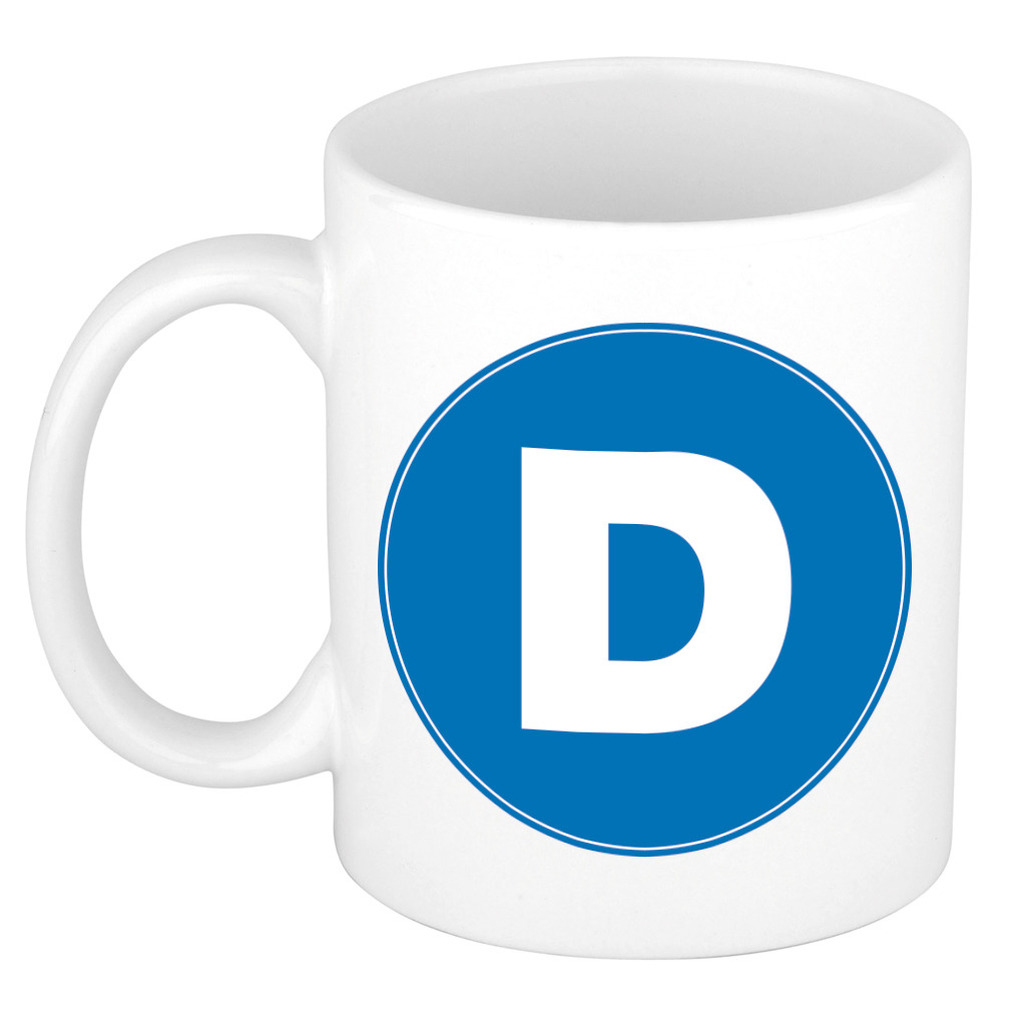 Mok / beker met de letter D blauwe bedrukking voor het maken van een naam / woord of team -