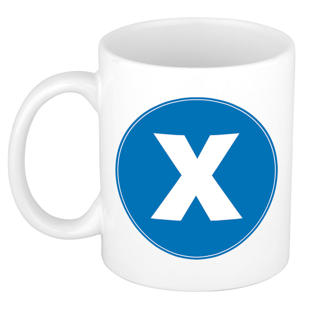 Mok / beker met de letter X blauwe bedrukking voor het maken van een naam / woord of team -