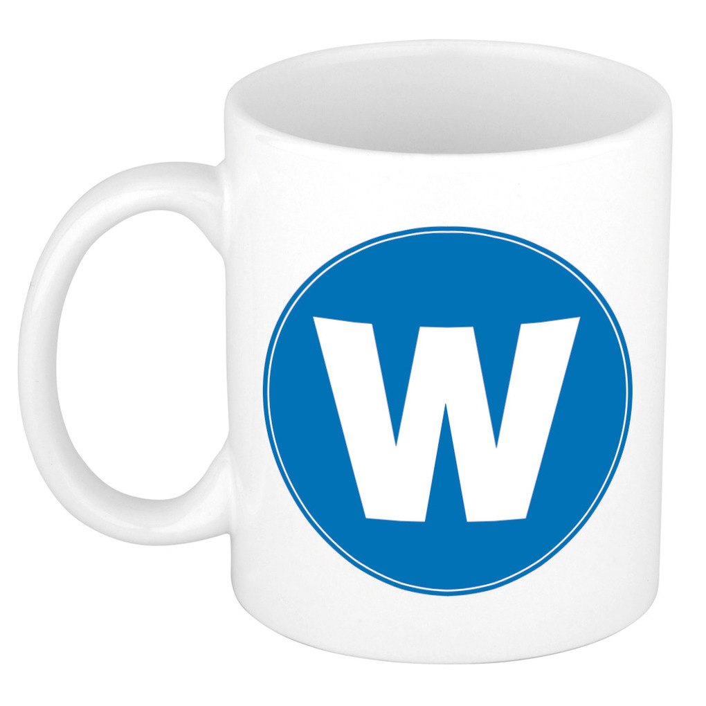 Mok / beker met de letter W blauwe bedrukking voor het maken van een naam / woord of team -