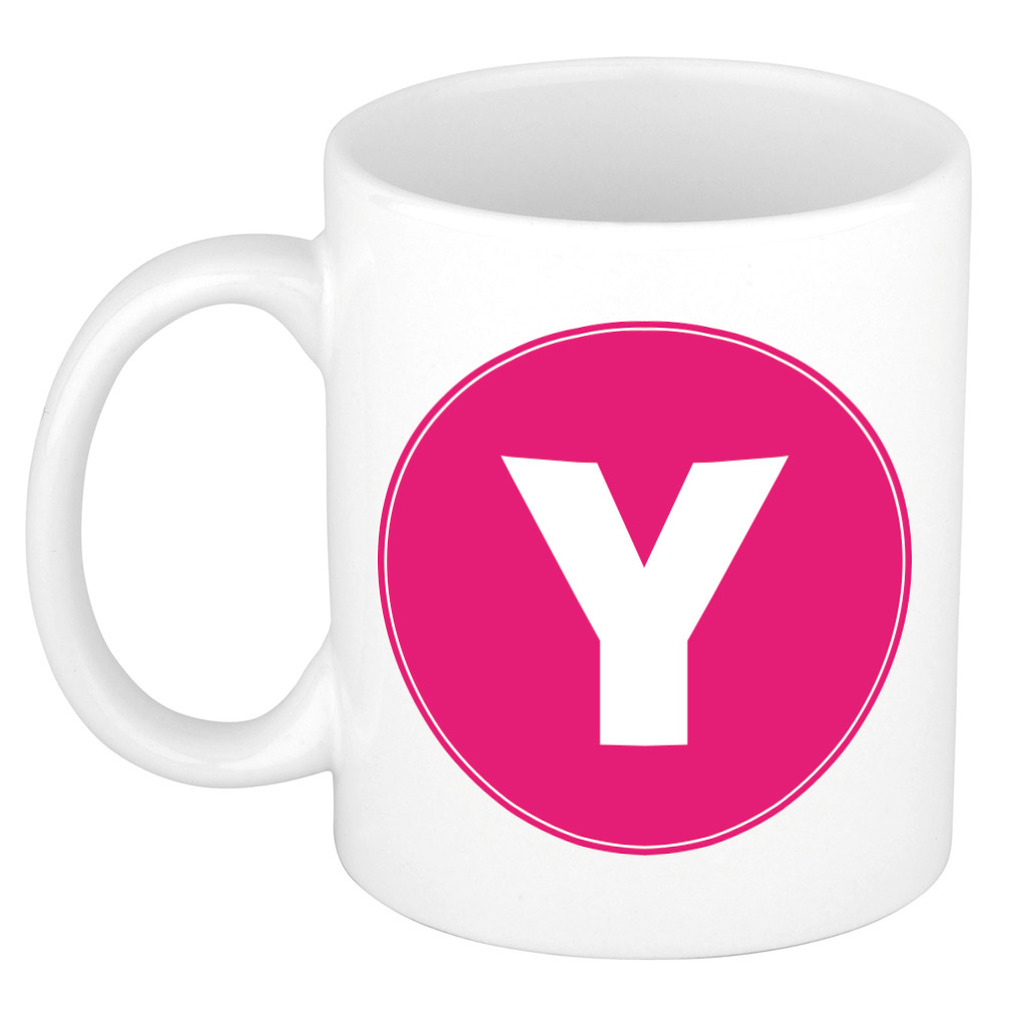 Mok / beker met de letter Y roze bedrukking voor het maken van een naam / woord of team -