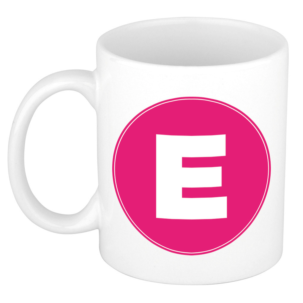 Mok / beker met de letter E roze bedrukking voor het maken van een naam / woord of team -
