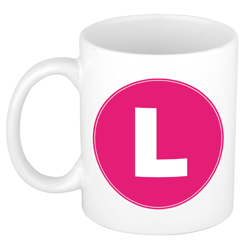 Mok / beker met de letter L roze bedrukking voor het maken van een naam / woord of team -