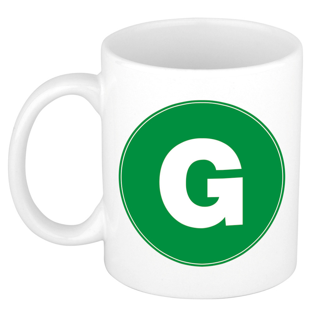 Mok / beker met de letter G groene bedrukking voor het maken van een naam / woord of team -
