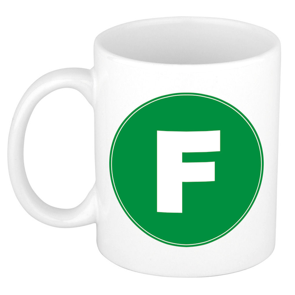 Mok / beker met de letter F groene bedrukking voor het maken van een naam / woord of team -