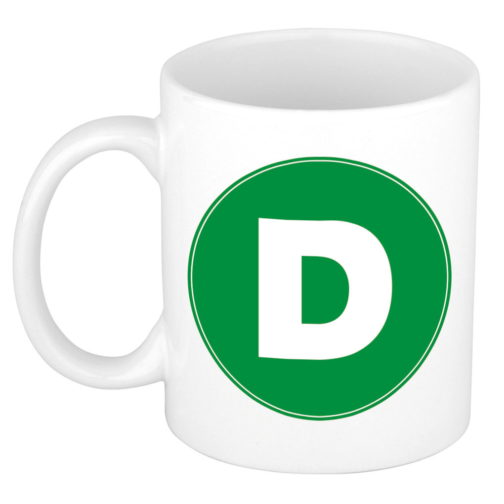 Mok / beker met de letter D groene bedrukking voor het maken van een naam / woord of team -